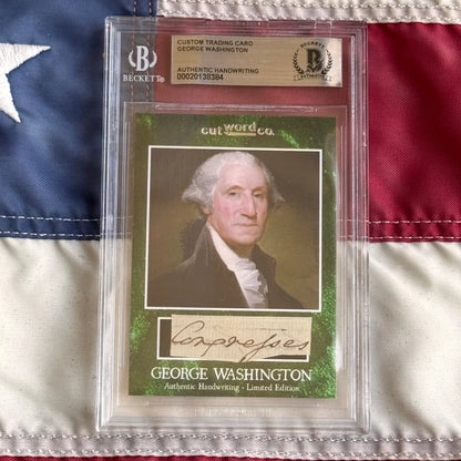 A framed custom trading card featuring george washington letter with washington’s penmanship in clear protective packaging