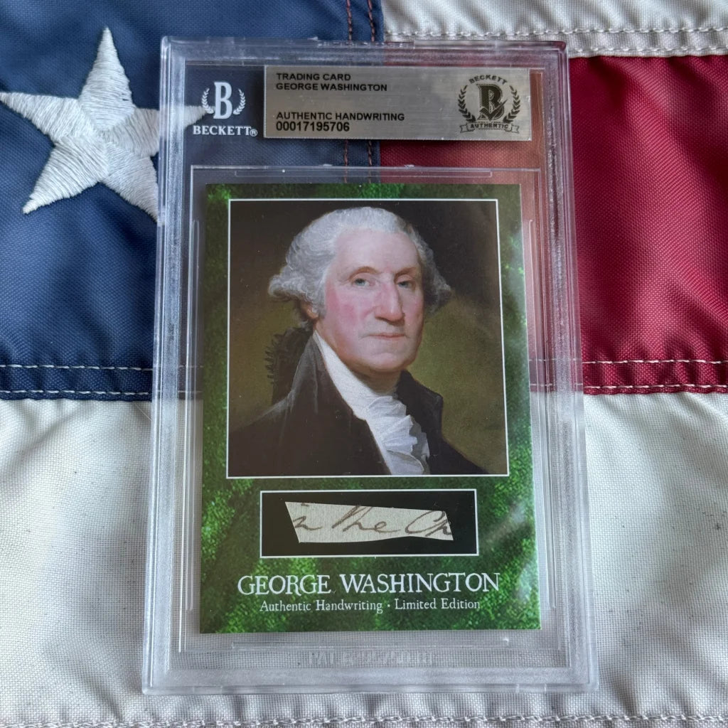 George Washington letter trading card with authentic penmanship encased in clear Beckett authentication slab