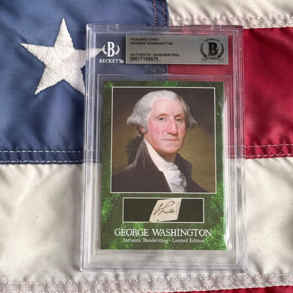 George Washington letter encapsulated trading card featuring authentic washington’s penmanship in a green black Beckett slab