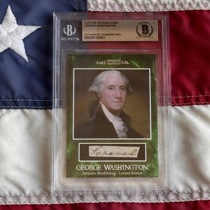 A framed george washington letter trading card with authentic washington’s penmanship in a clear protective sleeve