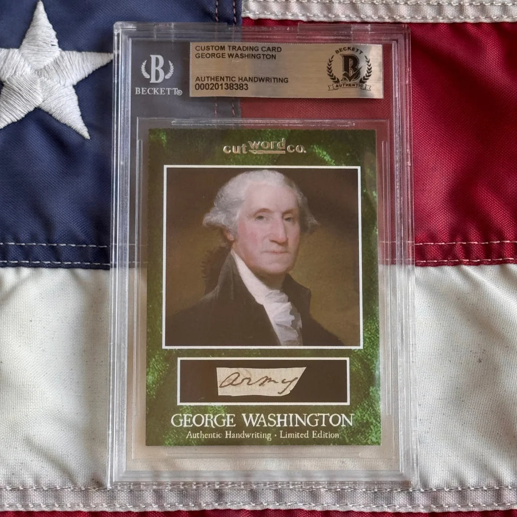 A framed custom trading card featuring george washington letter with washington’s penmanship encased in a clear slab