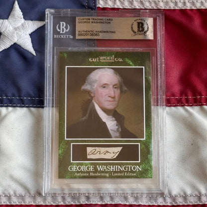 A framed custom trading card featuring george washington letter with washington’s penmanship encased in a clear slab