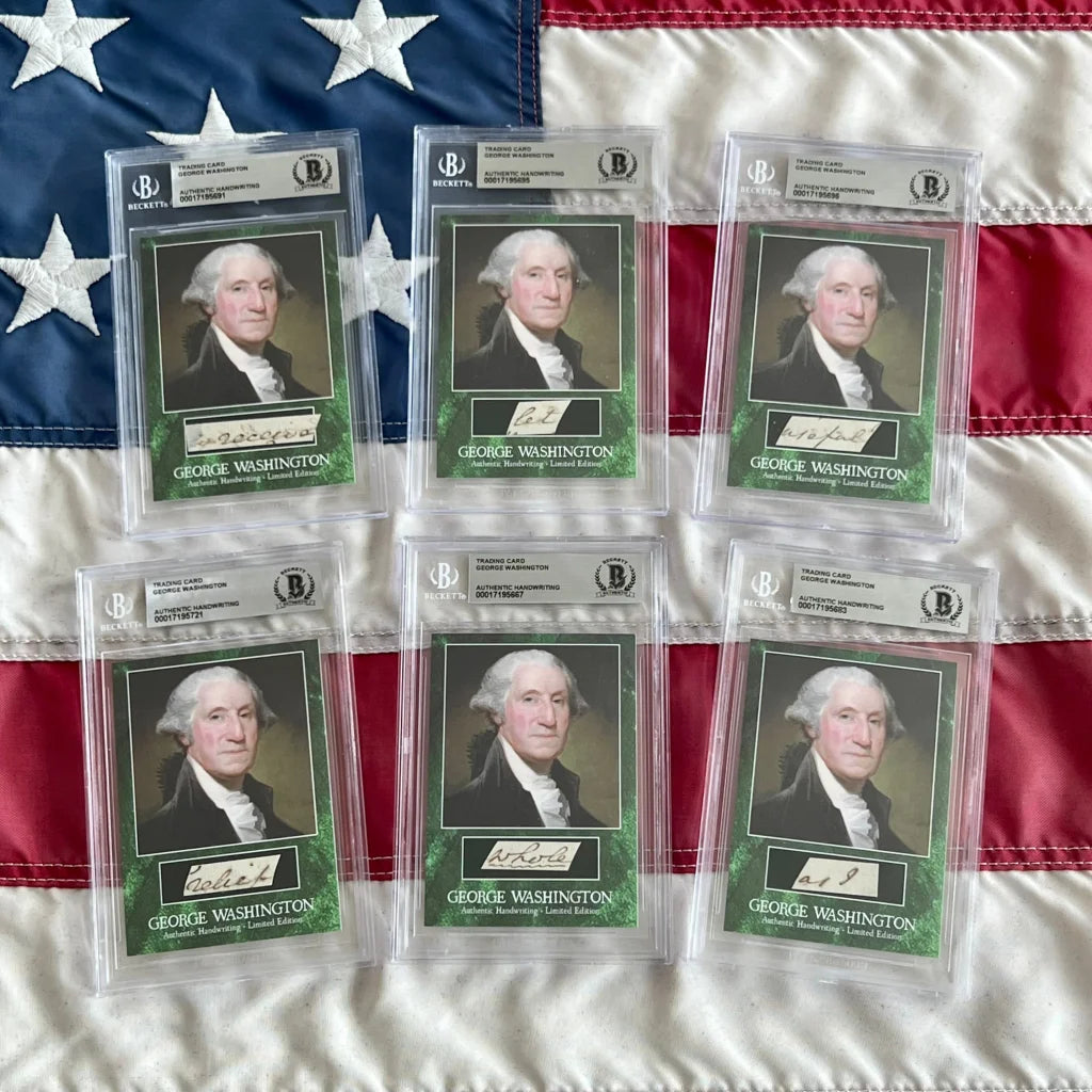 Seven graded George Washington trading cards featuring the letter Washington wrote
