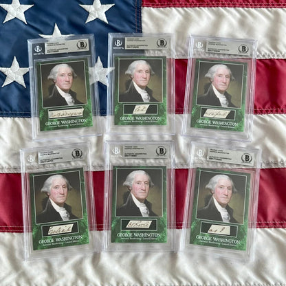 Seven graded George Washington trading cards featuring the letter Washington wrote