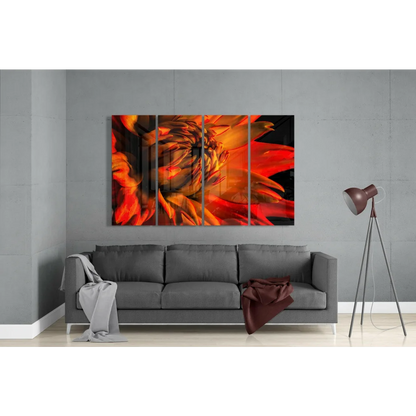 Stunning orange dahlia glass wall art four panel set on wall