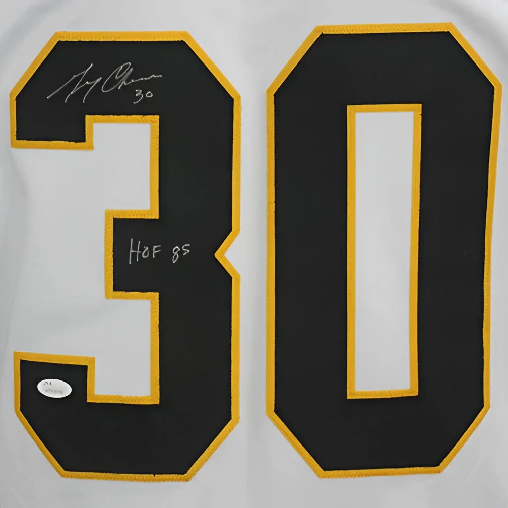 Gerry Cheevers autographed Boston Bruins white custom jersey back with number 30
