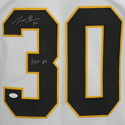 Gerry Cheevers autographed Boston Bruins white custom jersey back with number 30