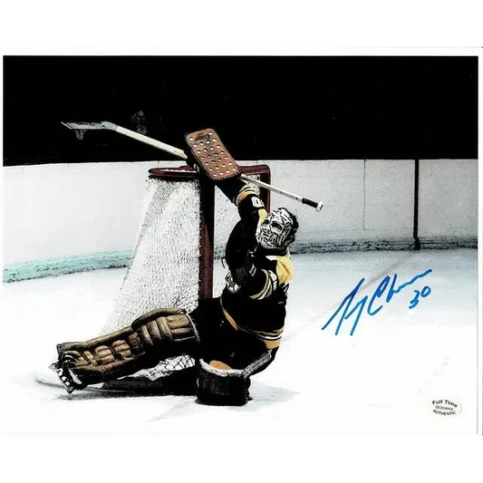 Hockey goalie in full gear making a save with Gerry Cheevers Boston Bruins autographed photo
