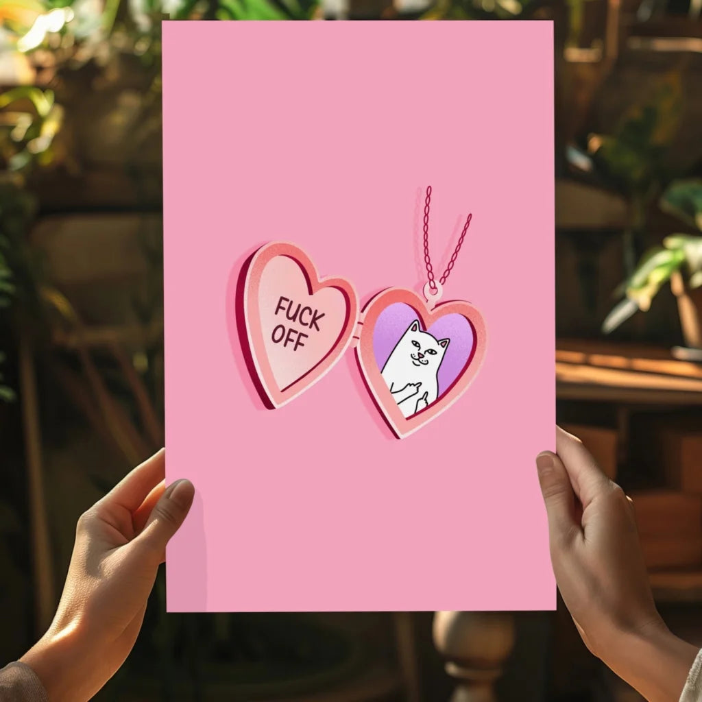Sassy pink heart locket with white cat and fuck off text on Insigne aluminum prints