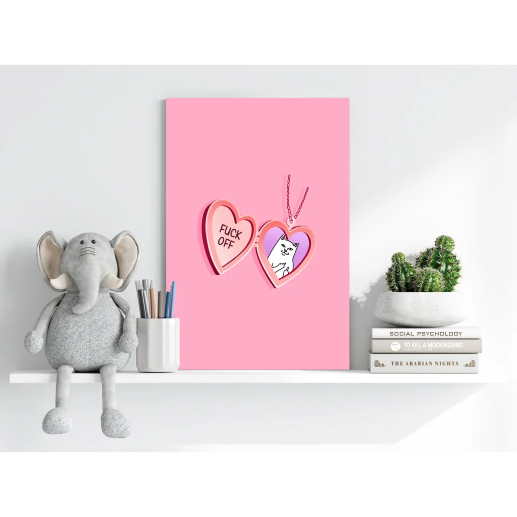 Sassy pink insigne aluminum print with cat, candy cane hearts, and fuck off text
