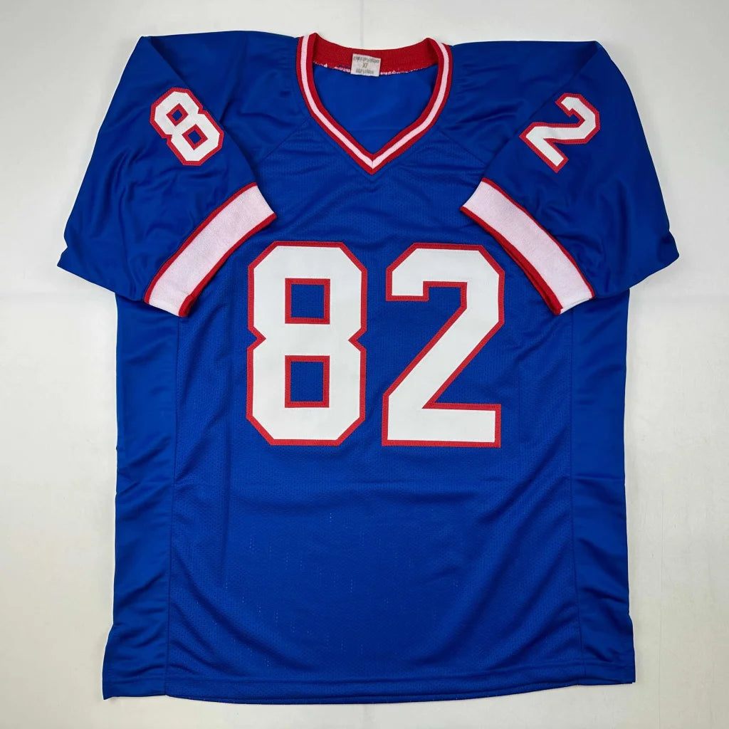 Blue custom jersey with white and red accents from Beebe 82 autographed football collectible