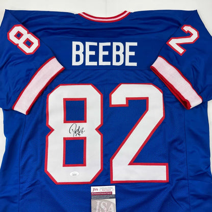 Signed blue custom jersey with Beebe 82 autographed football collectible for pro sports fans