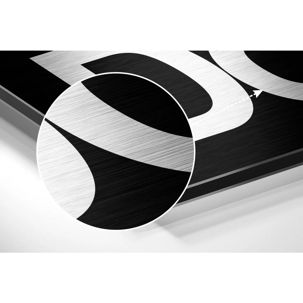 glass wall art Silver DC logo on black background in brushed aluminium dibond wall art