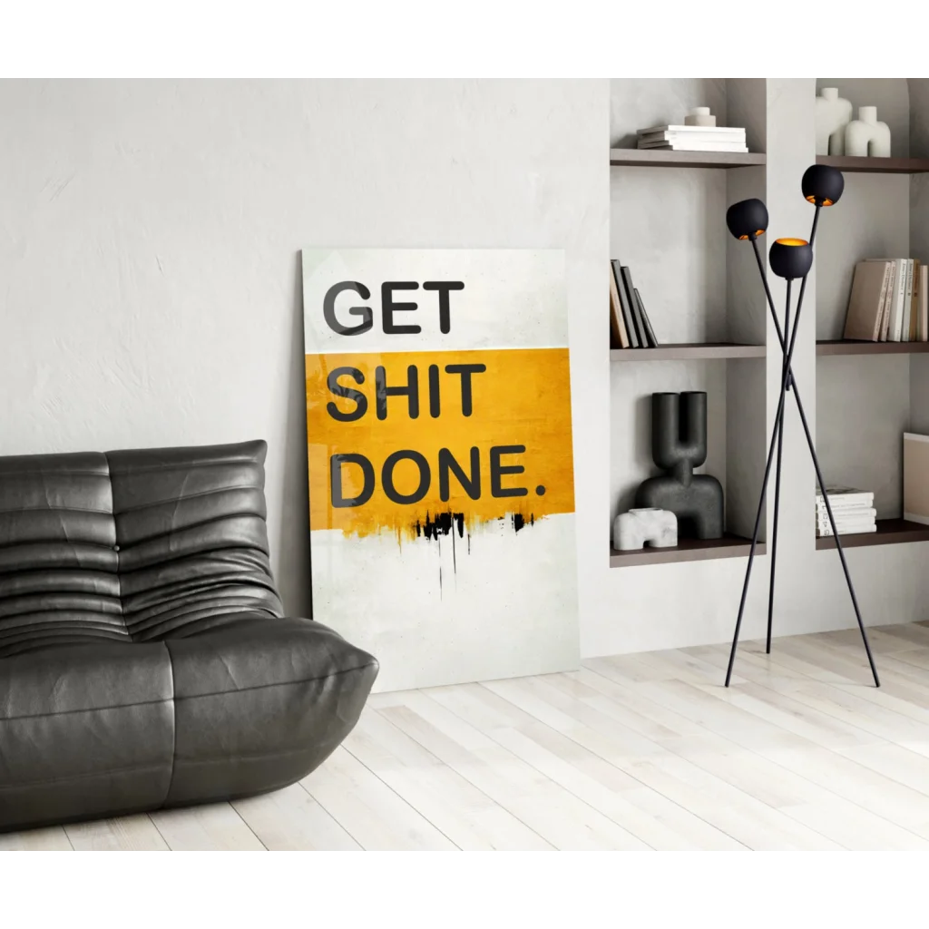 Get Shit Done motivational wall art canvas print with yellow stripe