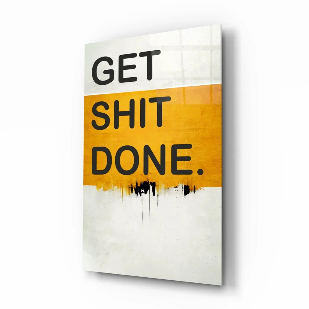 Get Shit Done motivational wall art canvas print with bold text on white and mustard yellow background