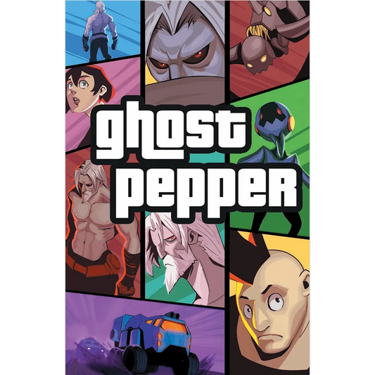 Comic book cover with diverse characters and Ghost Pepper title in GTA-style font, Battle Chasers vibe