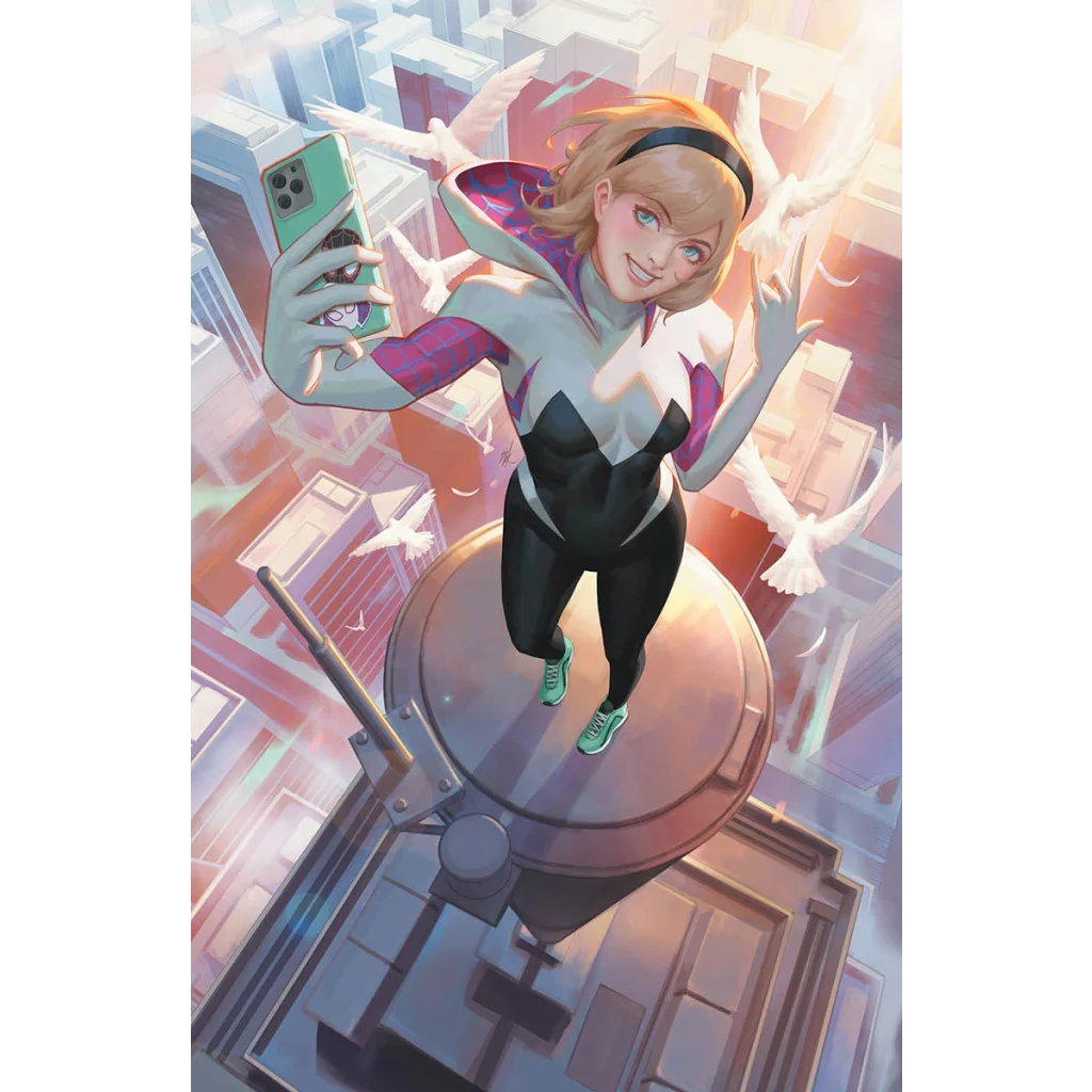Spider-Gwen selfie in white, black, pink costume with green sneakers - Unknown Comics Ejikure