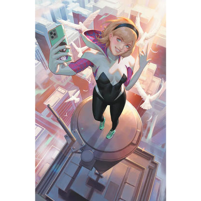 Spider-Gwen selfie in white, black, pink costume with green sneakers - Unknown Comics Ejikure