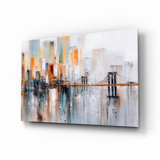 Bold Cityscape Bridge Canvas Wall Art with Orange and Blue Tones | Insigneart USA | vintageantiquesgifts.com