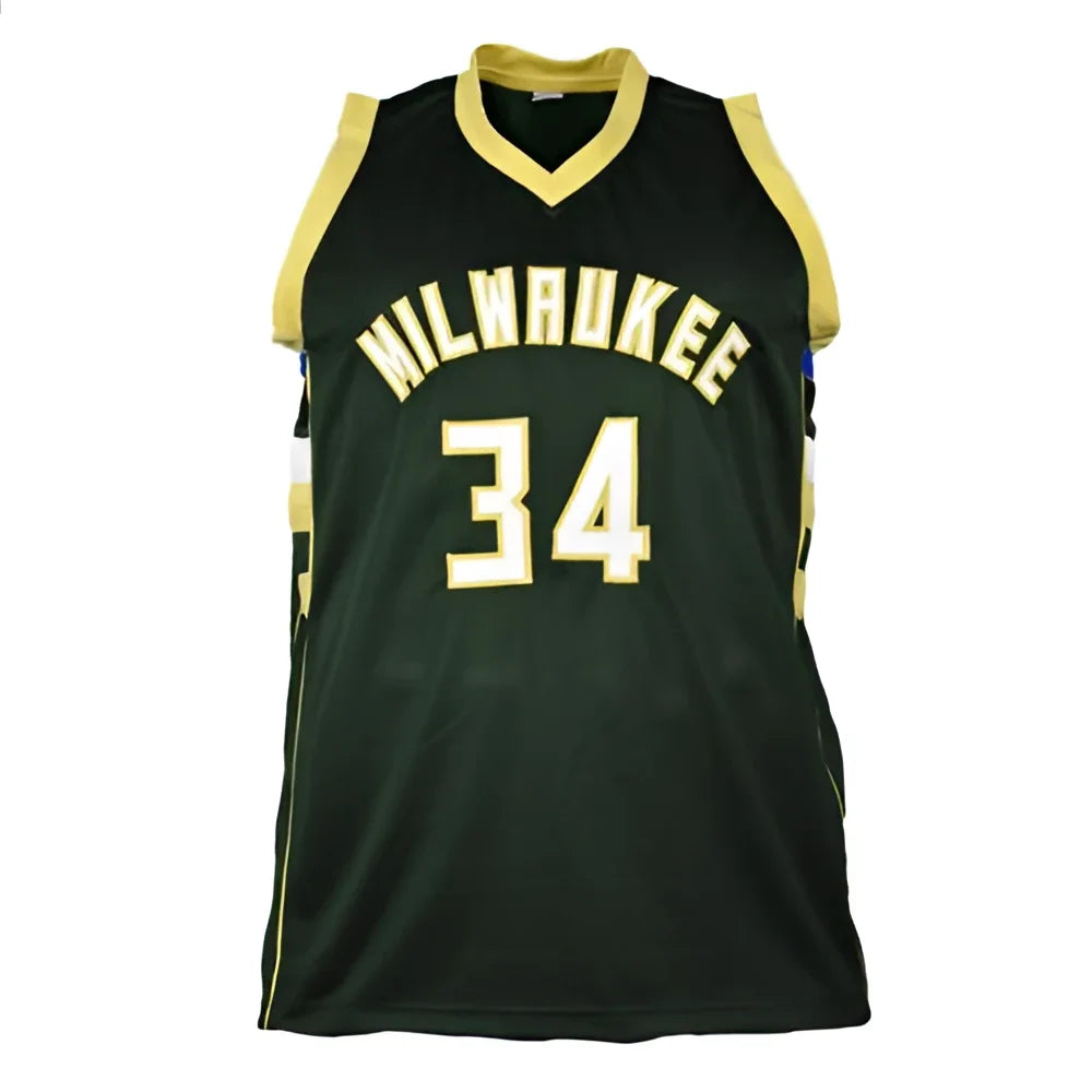 Giannis Antetokounmpo autographed custom jersey, black and gold Milwaukee Bucks #34