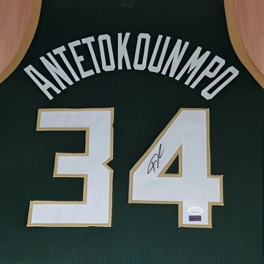 Giannis Antetokounmpo autographed green Bucks deluxe framed jersey with 34