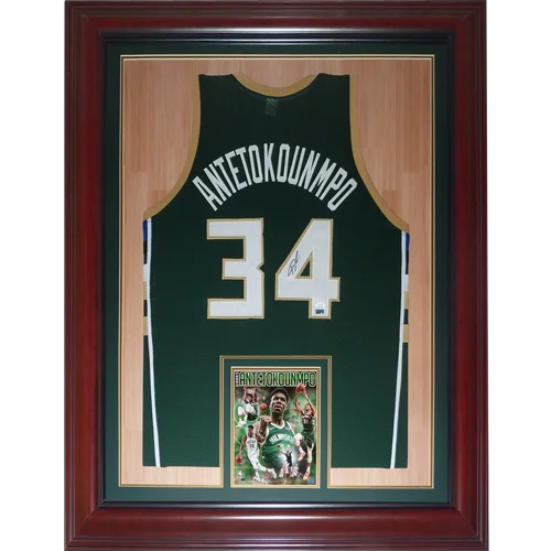 Autographed Giannis Antetokounmpo Bucks deluxe framed jersey in green