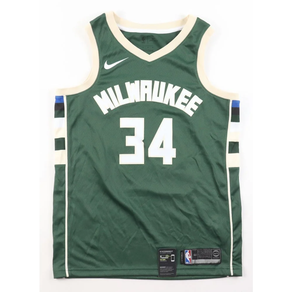 Green Milwaukee Bucks Giannis Antetokounmpo Swingman Jersey size 44 on display