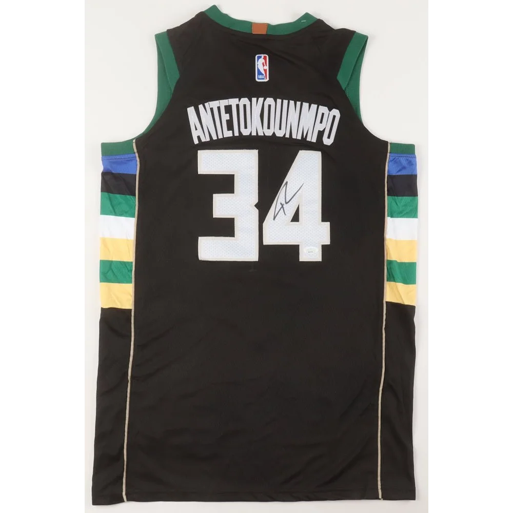 Black Giannis Antetokounmpo NBA jersey with 34 and signed Milwaukee Bucks logo