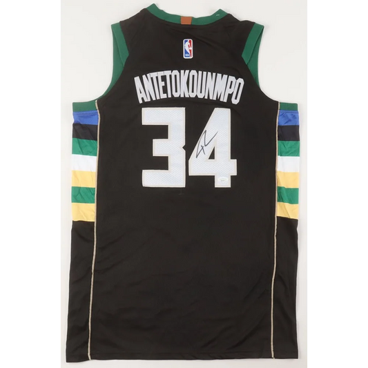 Black Giannis Antetokounmpo NBA jersey with 34 and signed Milwaukee Bucks logo