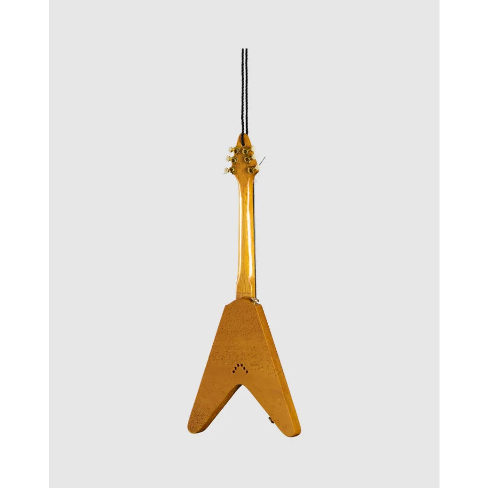 Gold Gibson Flying V Axe Heaven holiday ornament with angular glossy guitar design