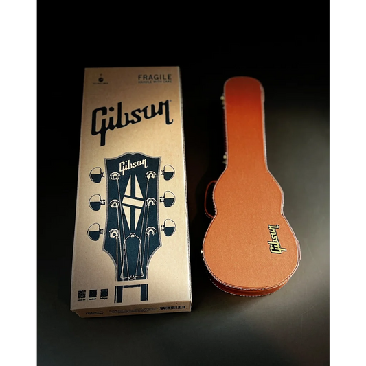 Orange brown gradient Gibson Les Paul miniature guitar in wooden hardshell case