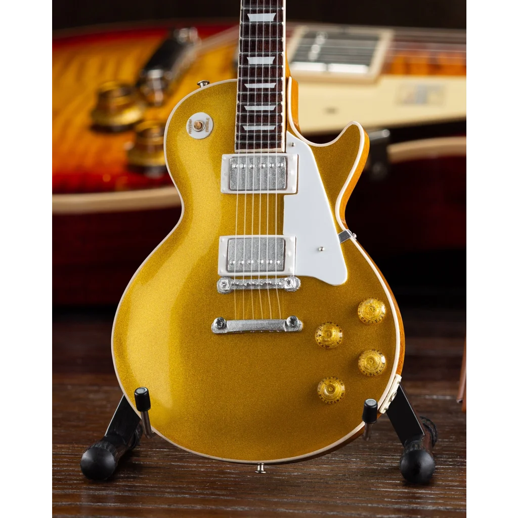 Gold Gibson Les Paul scale mini guitar collectible set with stand