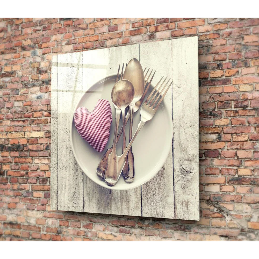 Rustic white plate with vintage silverware on Gingham Heart Cushion decor