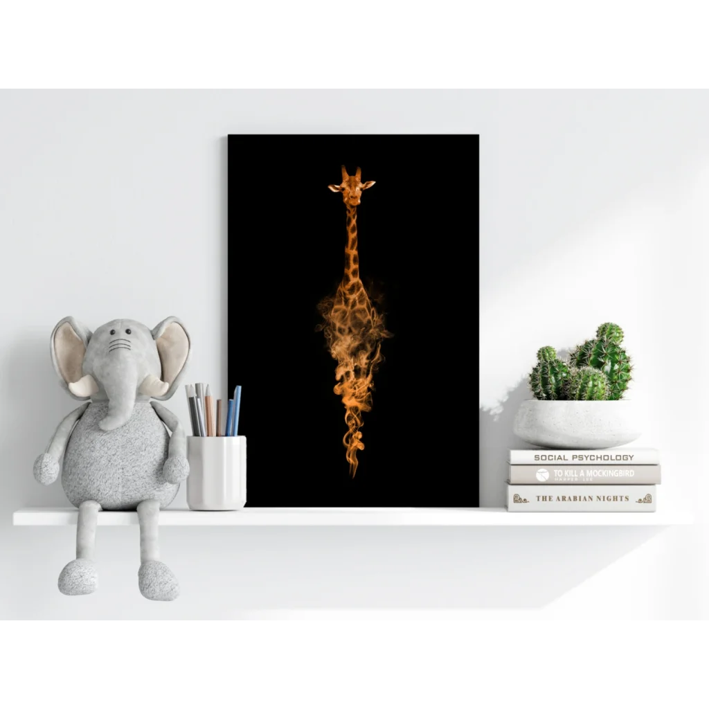Striking flaming giraffe on insigne aluminum prints wall art