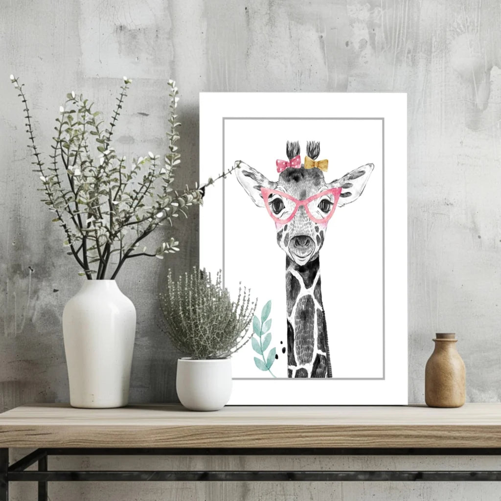 Charming watercolor giraffe in pink glasses on insigne aluminum print