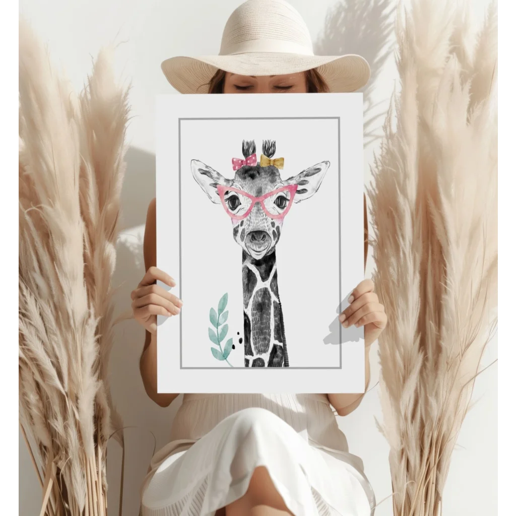 Charming watercolor giraffe in pink glasses on insigne aluminum prints