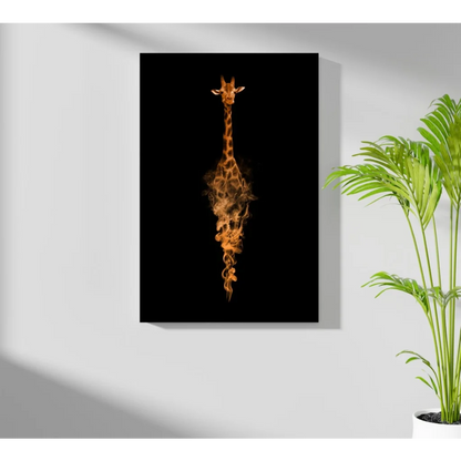 Flaming giraffe in orange flames on insigne aluminum prints wall art