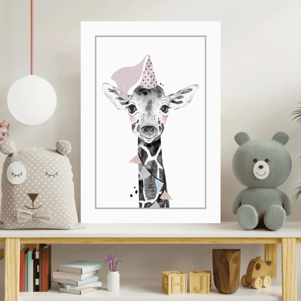 Framed black and white giraffe in polka-dot hat on Insigne aluminum print