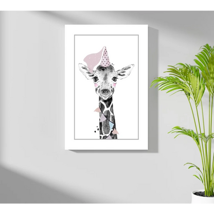 Stylized giraffe in party hat on Insigne aluminum print, white frame