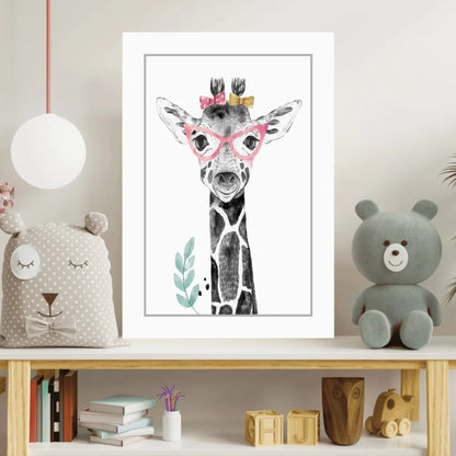 Framed giraffe in pink glasses watercolor on Insigne aluminum print