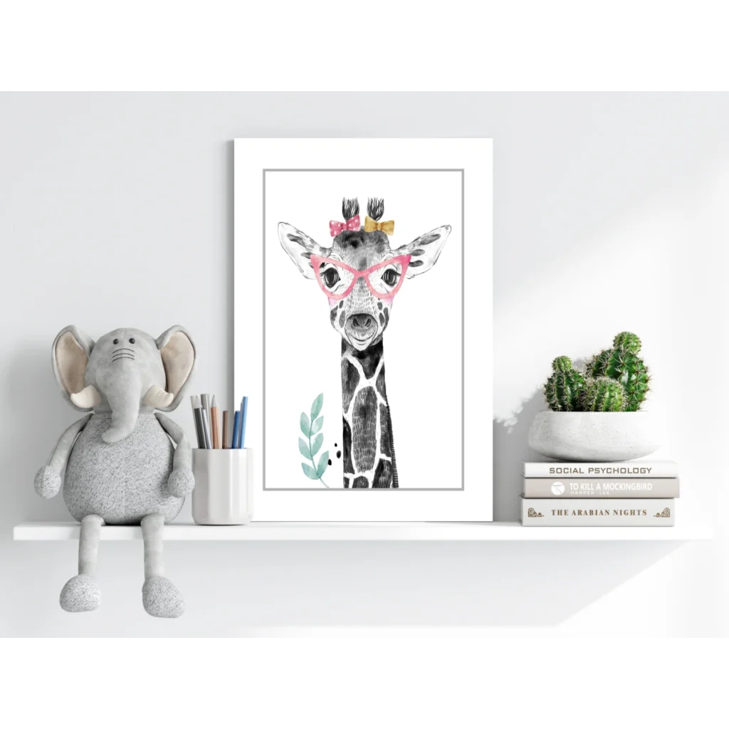Charming watercolor giraffe in pink glasses on insigne aluminum print