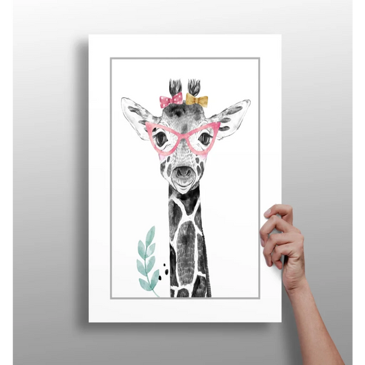 Charming watercolor giraffe in pink glasses on Insigne aluminum print