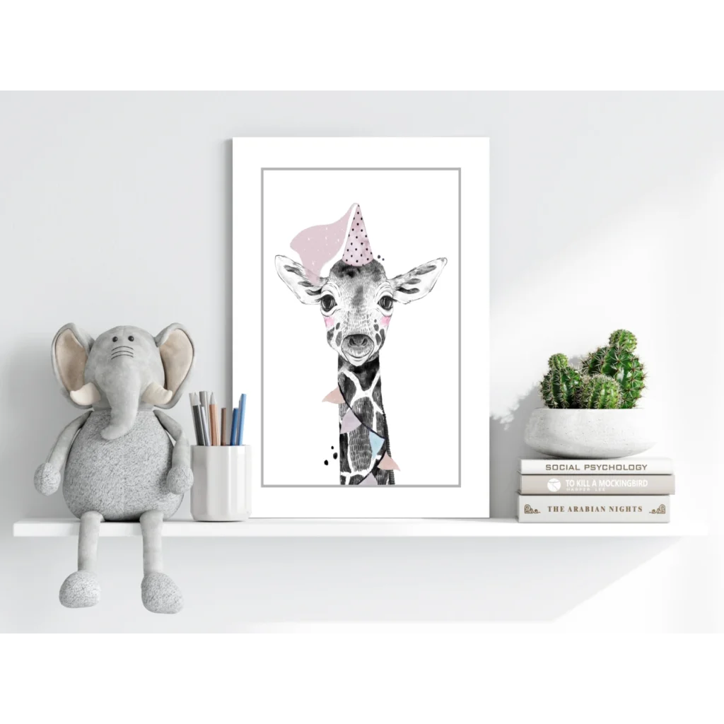 Stylized watercolor giraffe in pink polka dot hat on Insigne aluminum print