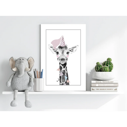 Stylized watercolor giraffe in pink polka dot hat on Insigne aluminum print