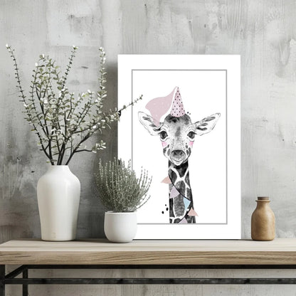 Party Giraffe Insigne Aluminum Print in White Frame | Glass Wall Art Print | vintageantiquesgifts.com