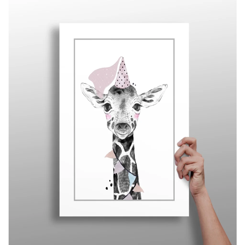 Party Giraffe Insigne Aluminum Print in White Frame | Insigneart USA | vintageantiquesgifts.com
