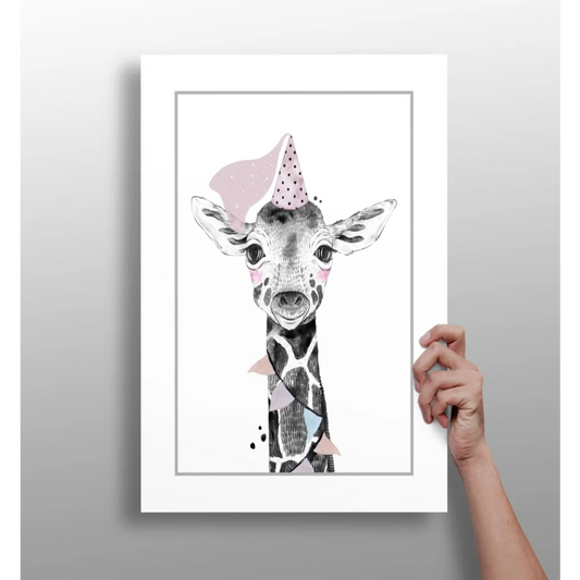 Party Giraffe Insigne Aluminum Print in White Frame | Insigneart USA | vintageantiquesgifts.com