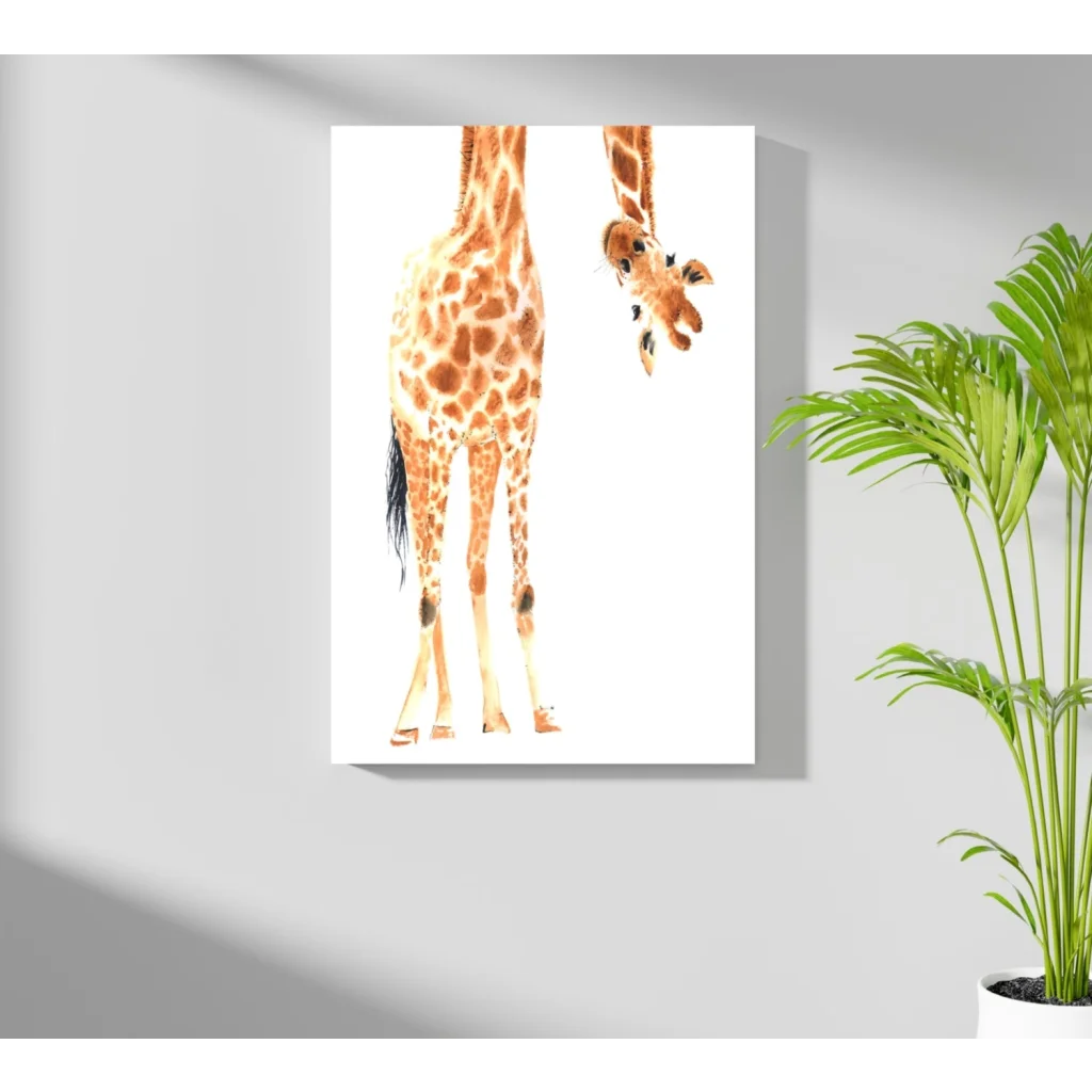 Insigne aluminum prints of watercolor mother and baby giraffes on wall