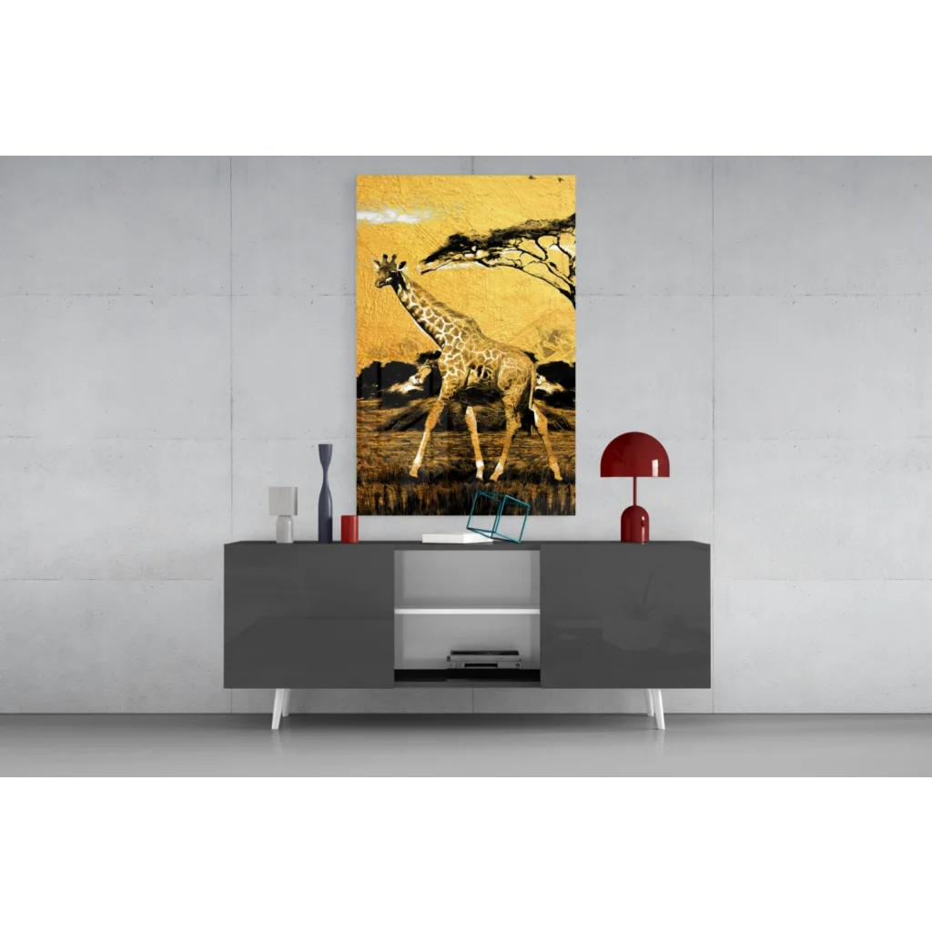 Vibrant golden giraffe wall art on savanna canvas above gray console