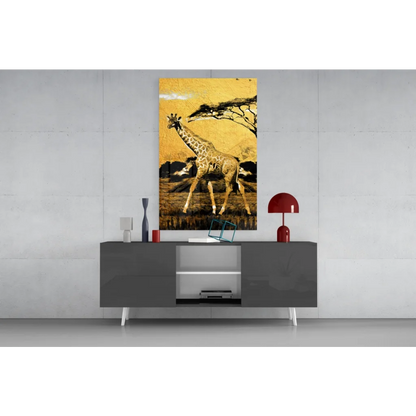 Vibrant golden giraffe wall art on savanna canvas above gray console